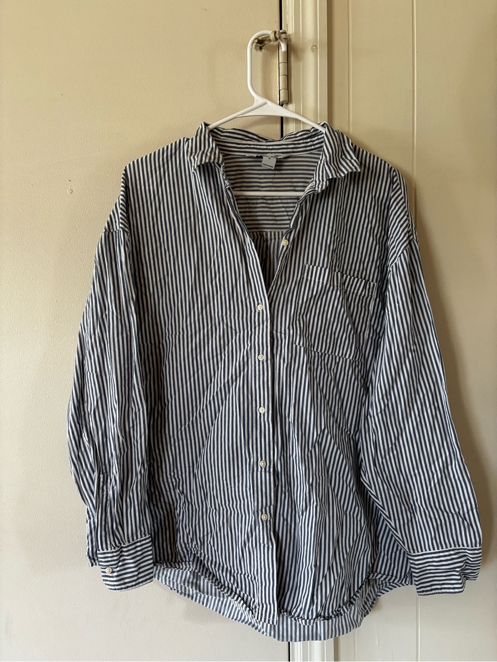 Women's Navy and White Striped Button-Up Shirt